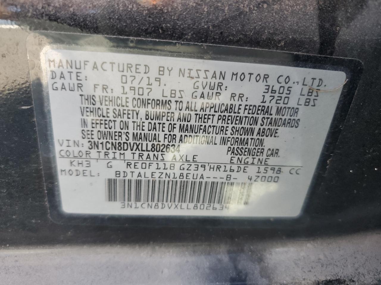 2020 Nissan Versa S VIN: 3N1CN8DVXLL802634 Lot: 79781644