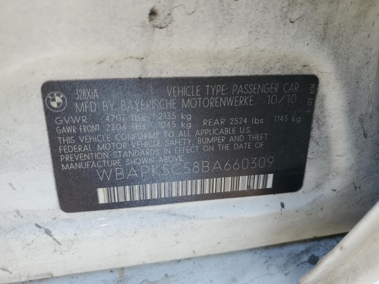 2011 BMW 328 Xi Sulev VIN: WBAPK5C58BA660309 Lot: 76471574