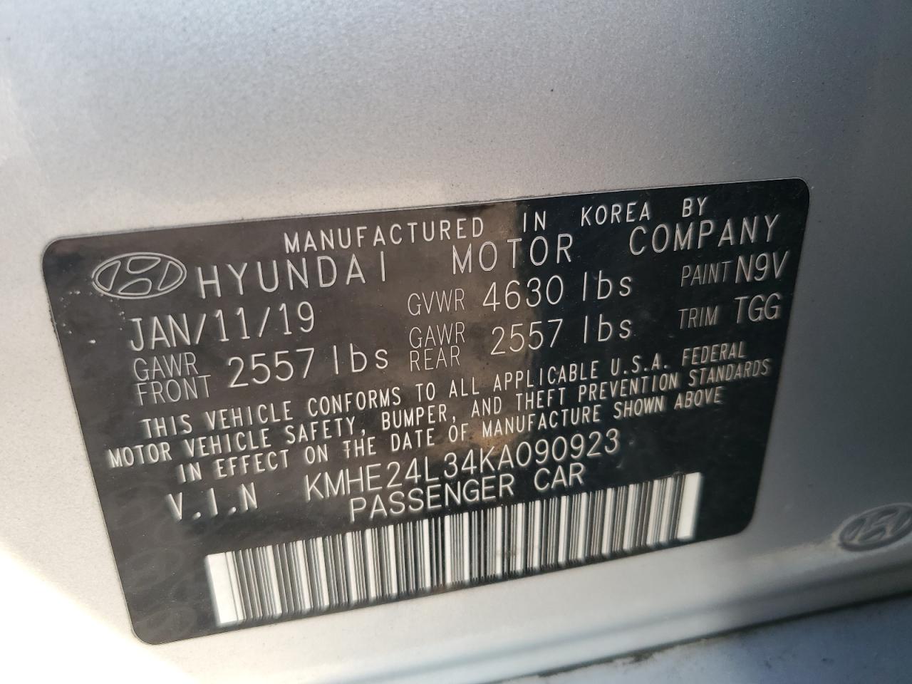 KMHE24L34KA090923 2019 Hyundai Sonata Hybrid