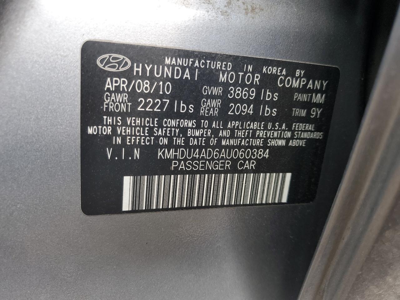 KMHDU4AD6AU060384 2010 Hyundai Elantra Blue