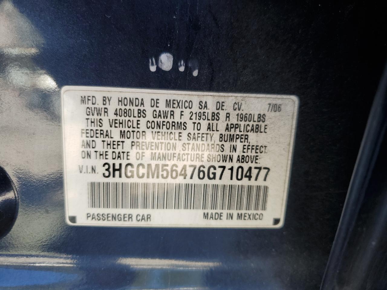 2006 Honda Accord Lx VIN: 3HGCM56476G710477 Lot: 78033384