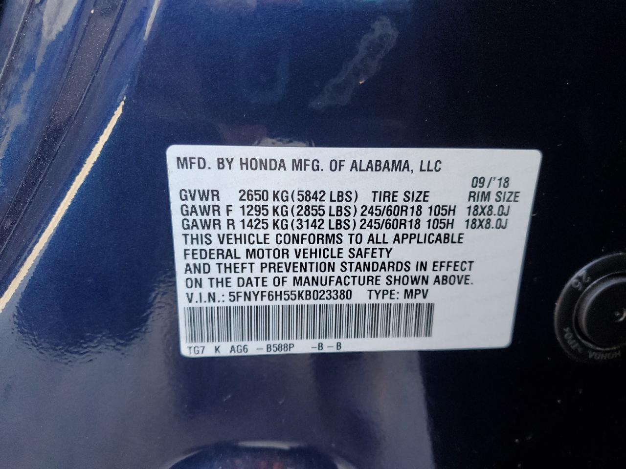 5FNYF6H55KB023380 2019 Honda Pilot Exl