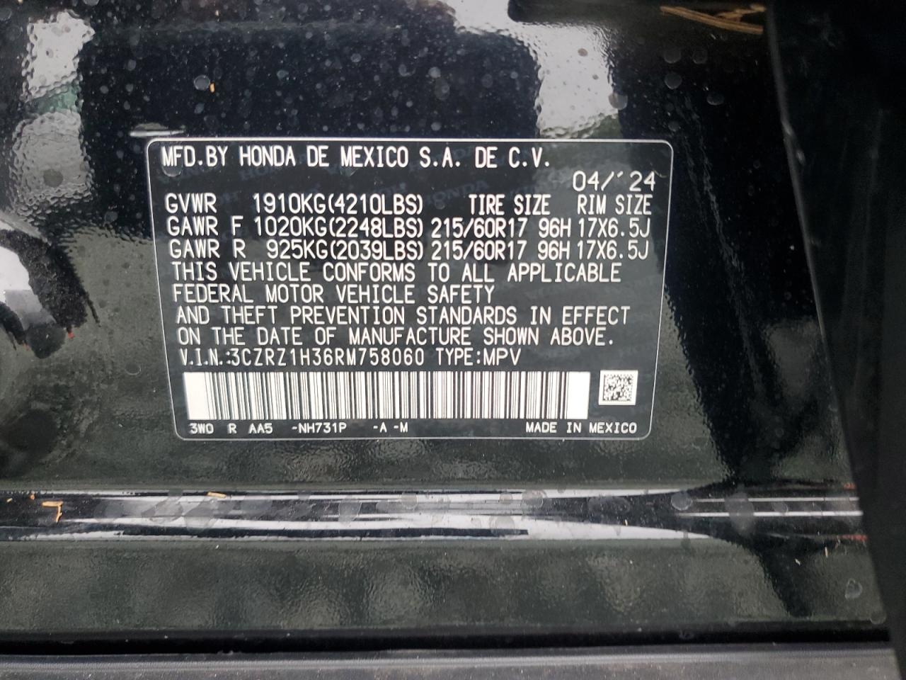 3CZRZ1H36RM758060 2024 Honda Hr-V Lx