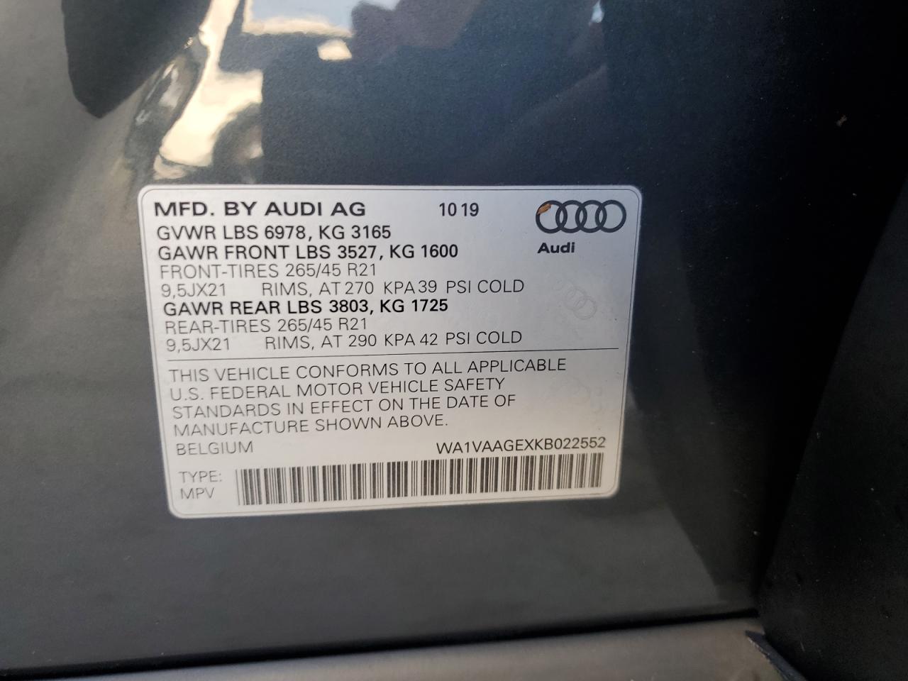 WA1VAAGEXKB022552 2019 Audi E-Tron Prestige