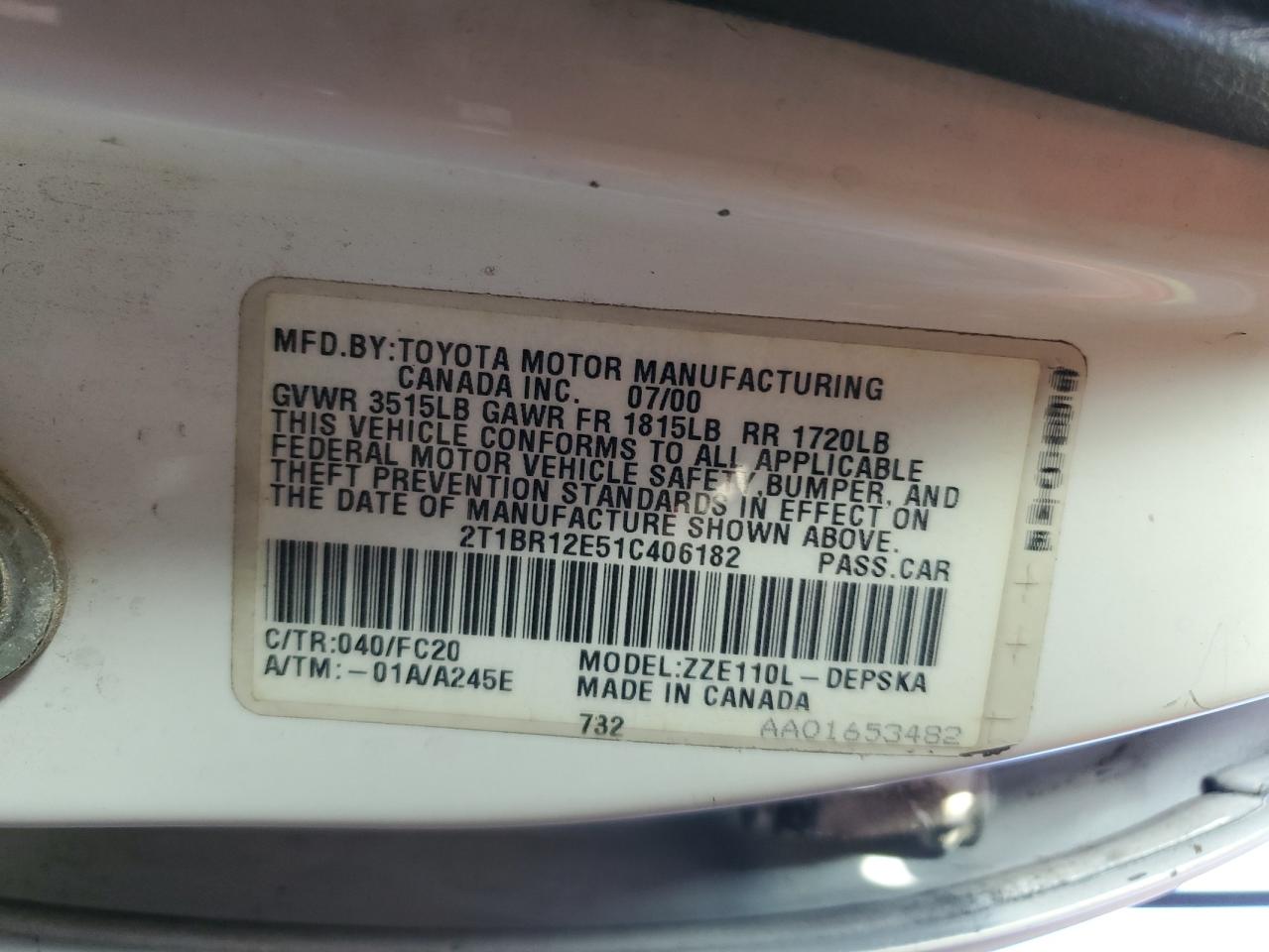 2001 Toyota Corolla Ce VIN: 2T1BR12E51C406182 Lot: 77705854