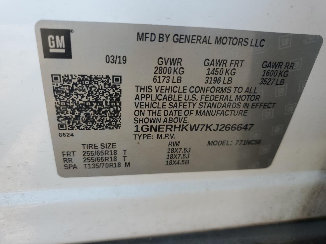 1GNERHKW7KJ266647 2019 Chevrolet Traverse Lt