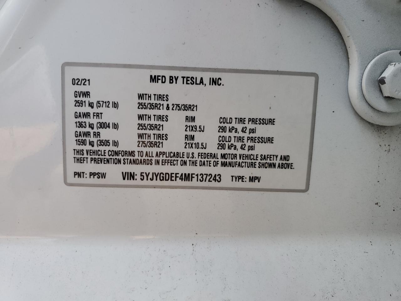 5YJYGDEF4MF137243 2021 Tesla Model Y