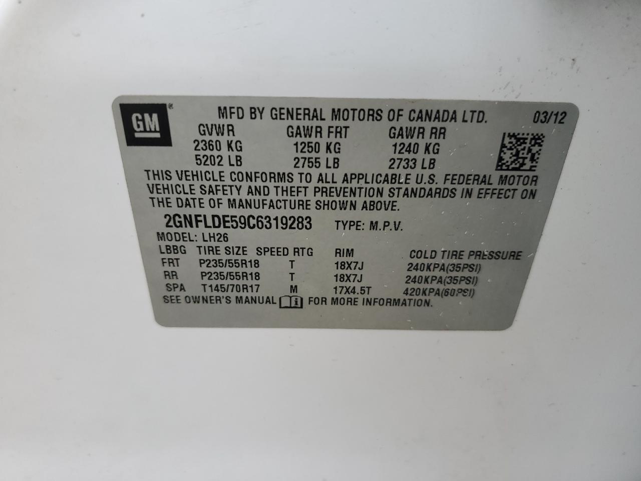 2GNFLDE59C6319283 2012 Chevrolet Equinox Lt