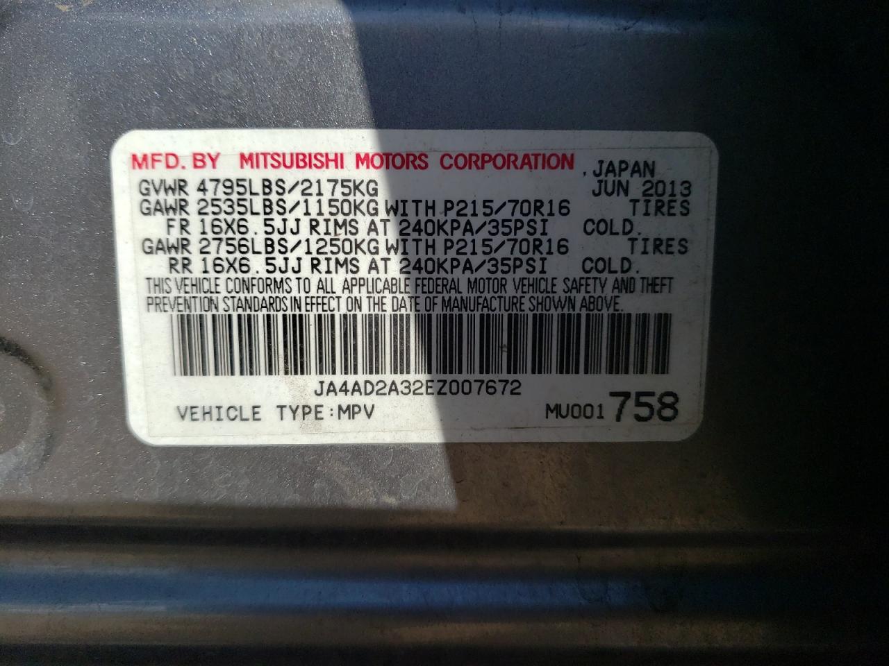 2014 Mitsubishi Outlander Es VIN: JA4AD2A32EZ007672 Lot: 76715144