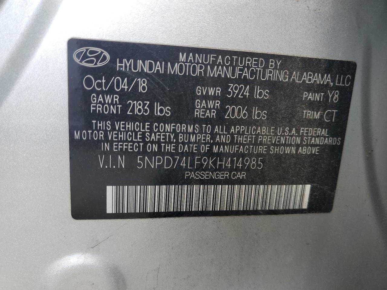 5NPD74LF9KH414985 2019 Hyundai Elantra Se