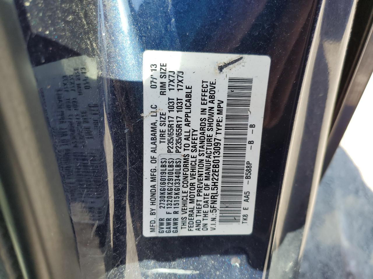 5FNRL5H22EB013097 2014 Honda Odyssey Lx