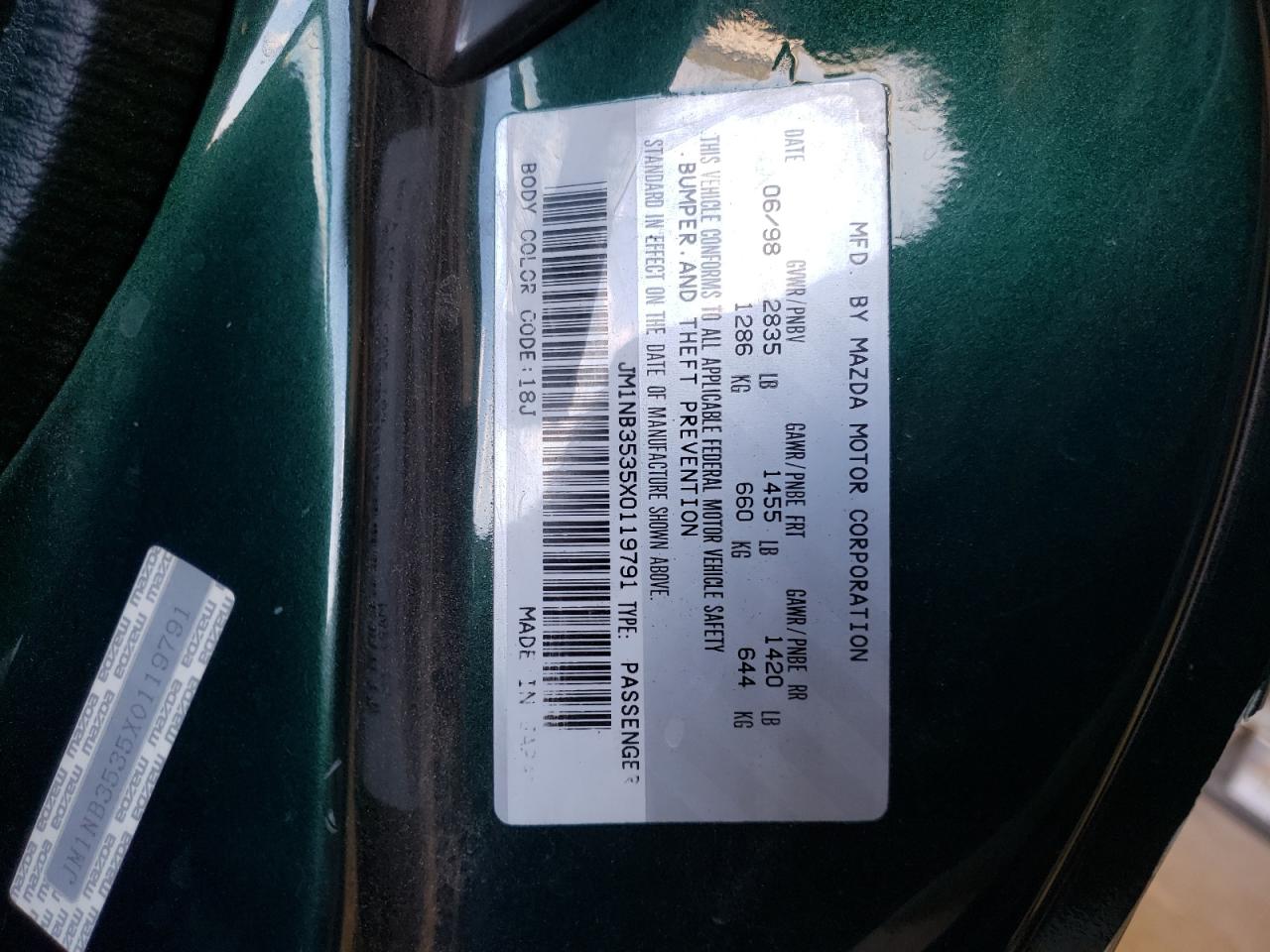 1999 Mazda Mx-5 Miata VIN: JM1NB3535X0119791 Lot: 77180924