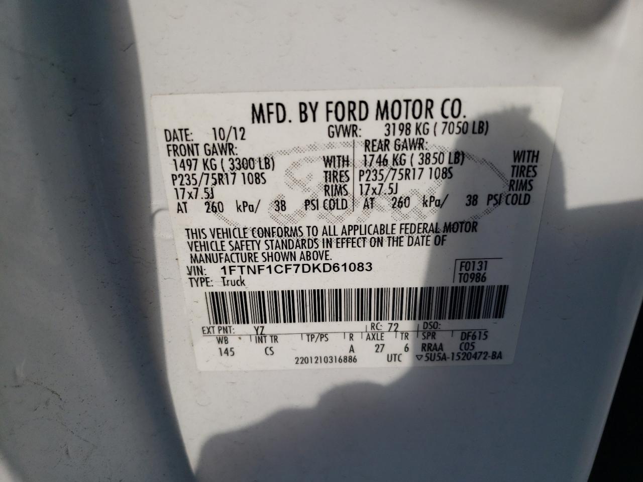 1FTNF1CF7DKD61083 2013 Ford F150