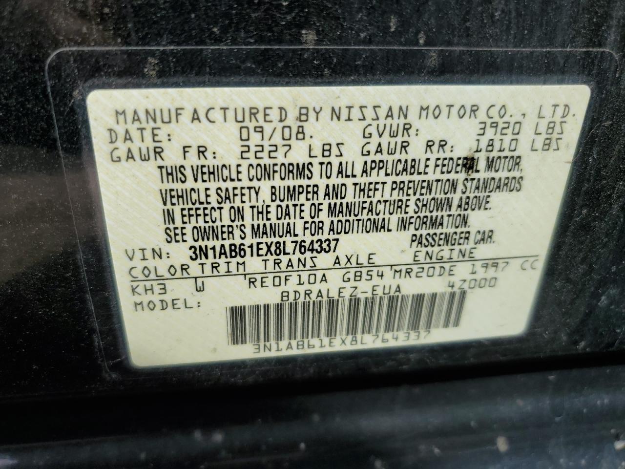 2008 Nissan Sentra 2.0 VIN: 3N1AB61EX8L764337 Lot: 74837994