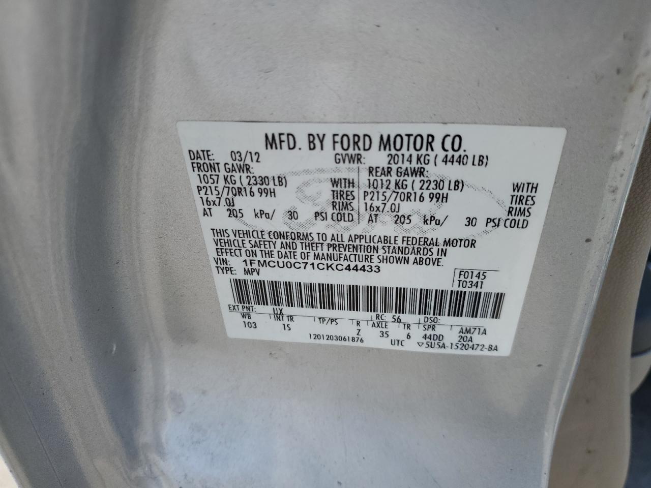 1FMCU0C71CKC44433 2012 Ford Escape Xls