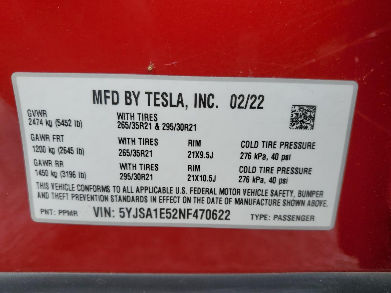 5YJSA1E52NF470622 2022 Tesla Model S