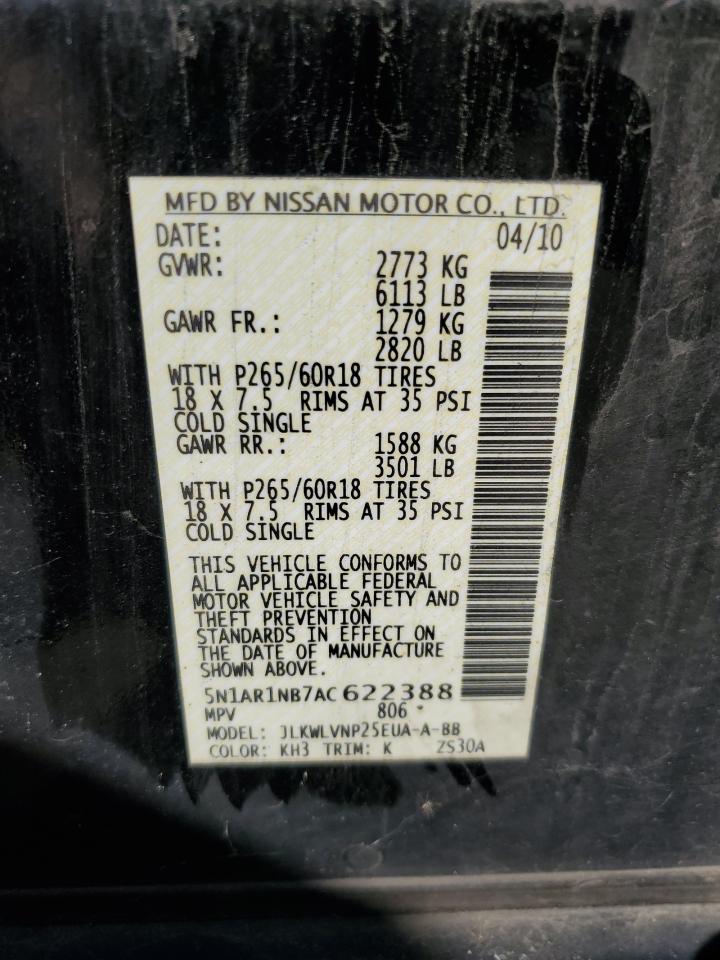 2010 Nissan Pathfinder S VIN: 5N1AR1NB7AC622388 Lot: 74569564