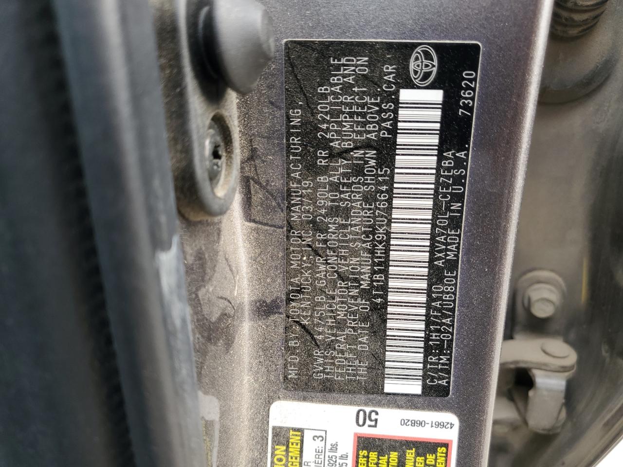 4T1B11HK9KU766415 2019 Toyota Camry L