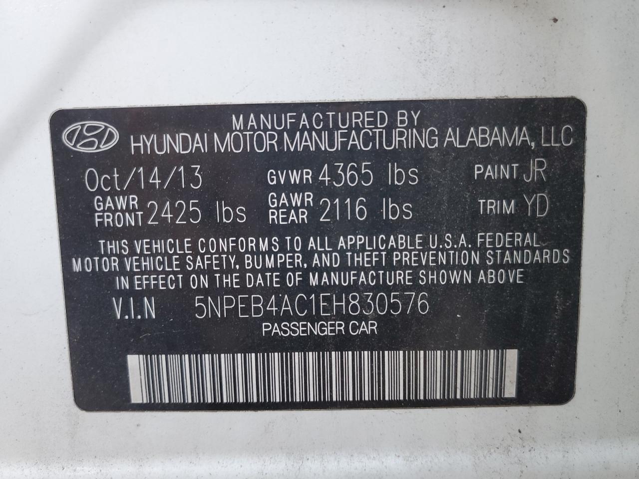 5NPEB4AC1EH830576 2014 Hyundai Sonata Gls