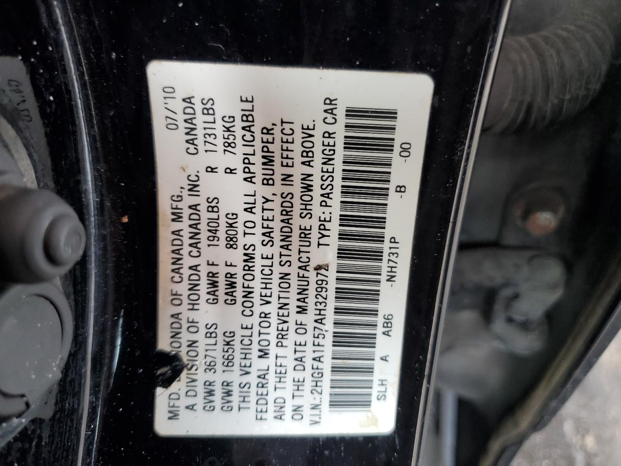 2HGFA1F57AH329972 2010 Honda Civic Lx