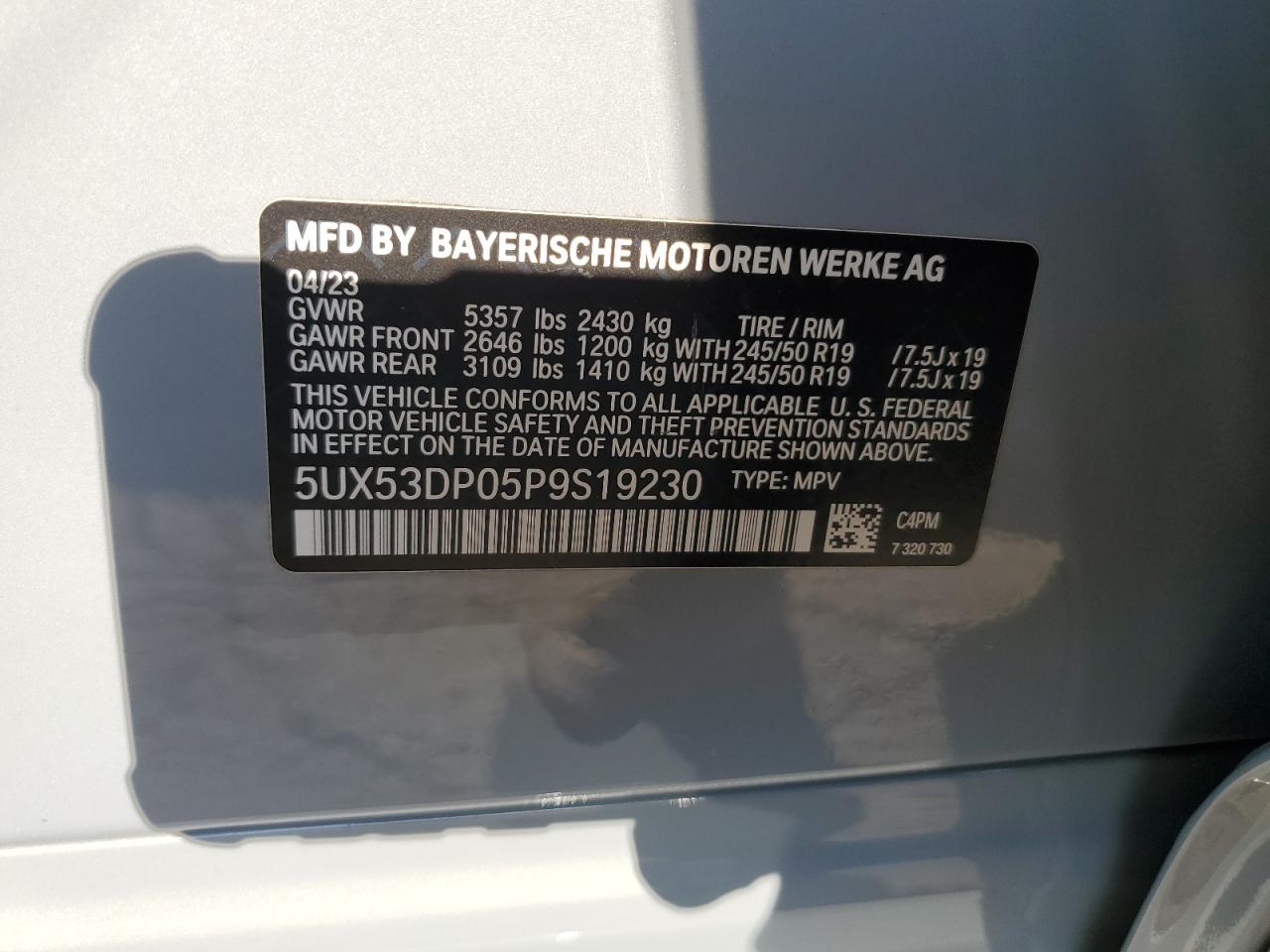 2023 BMW X3 xDrive30I VIN: 5UX53DP05P9S19230 Lot: 77168214