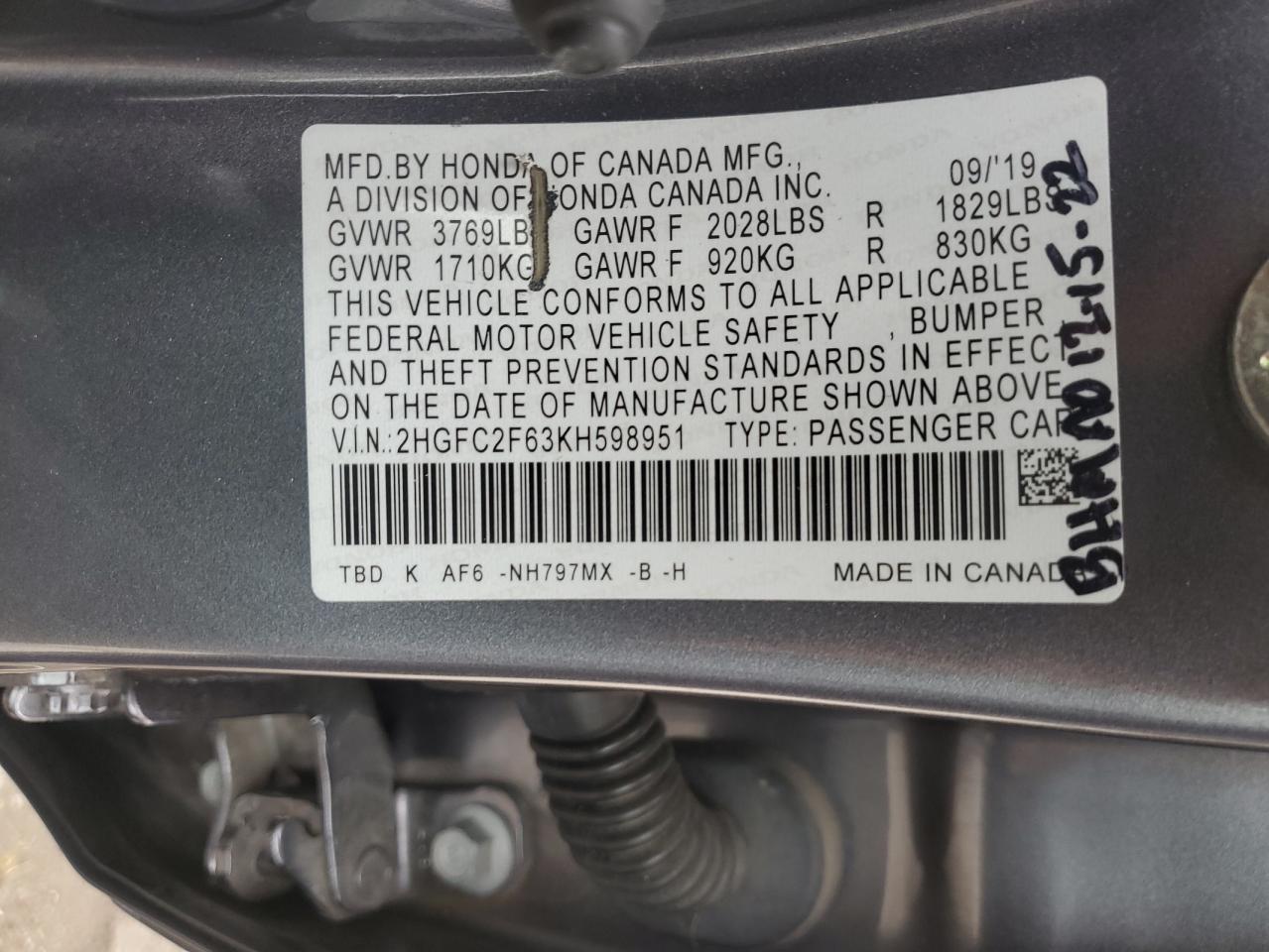 2HGFC2F63KH598951 2019 Honda Civic Lx