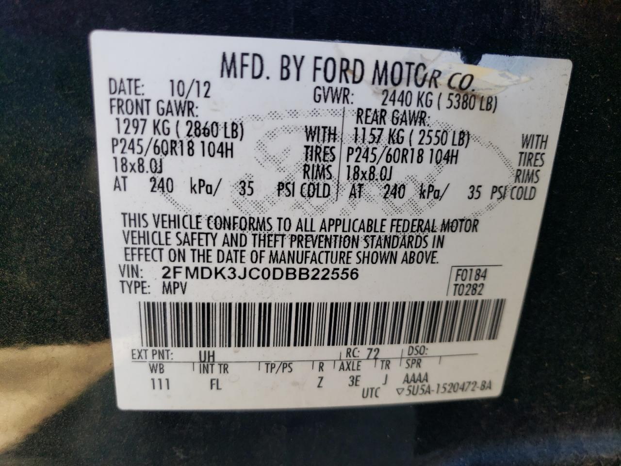 VIN 2FMDK3JC0DBB22556 2013 FORD EDGE no.13