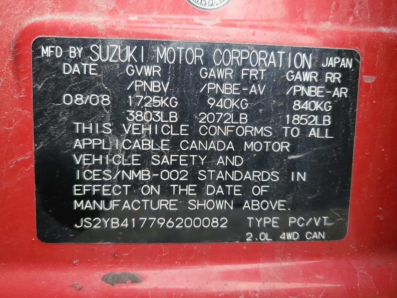 JS2YB417796200082 2009 Suzuki Sx4 Touring