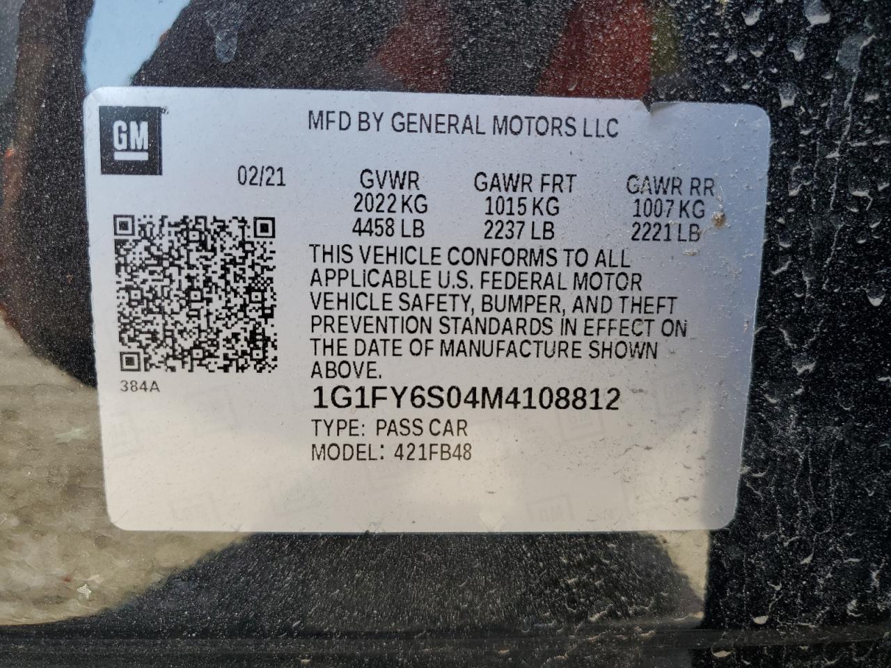 1G1FY6S04M4108812 2021 Chevrolet Bolt Ev Lt