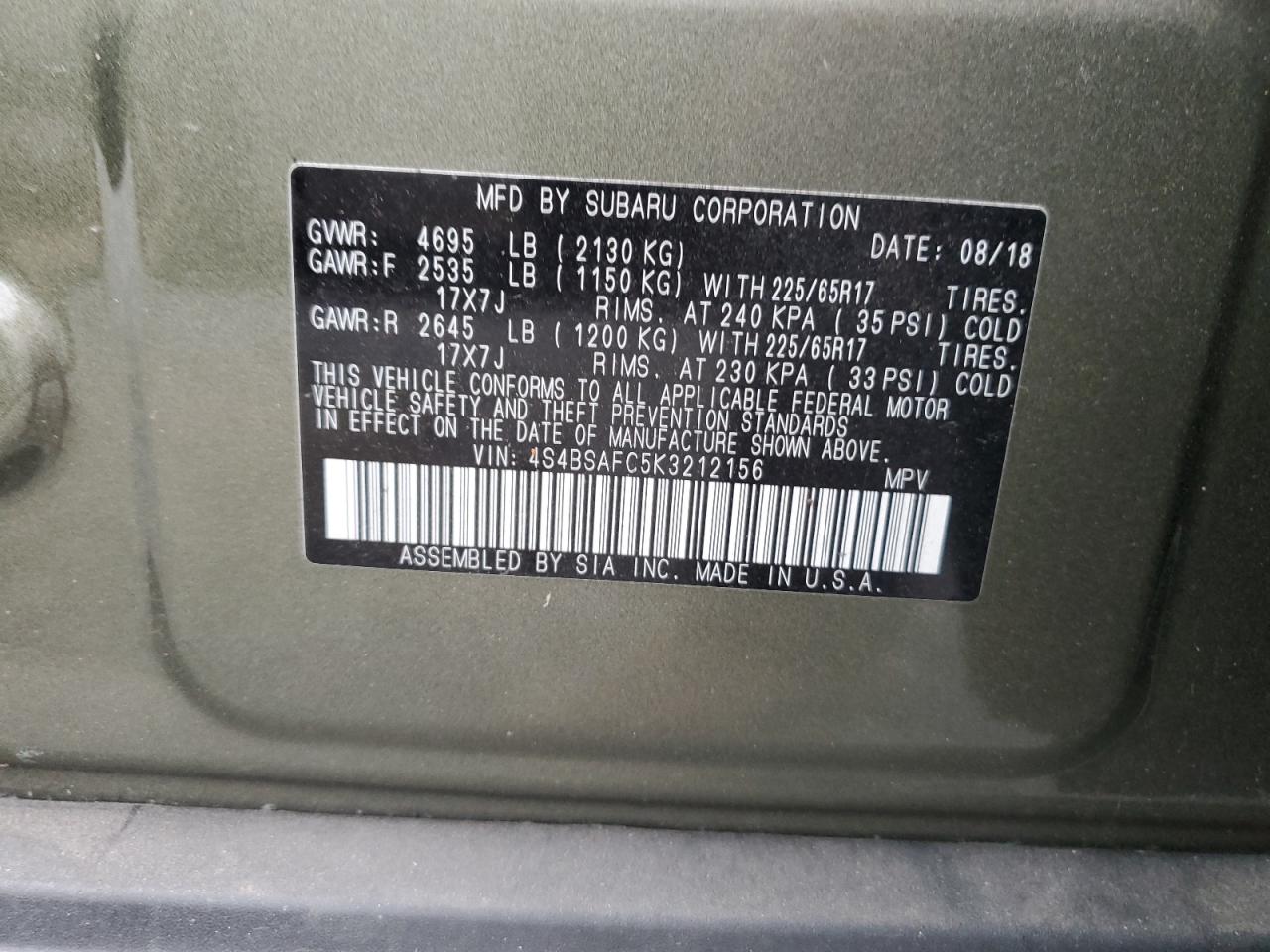 VIN 4S4BSAFC5K3212156 2019 SUBARU OUTBACK no.12