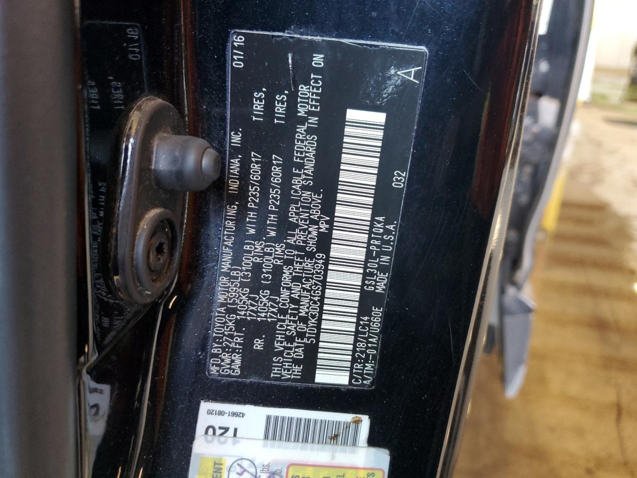 5TDYK3DC4GS703949 2016 Toyota Sienna Xle