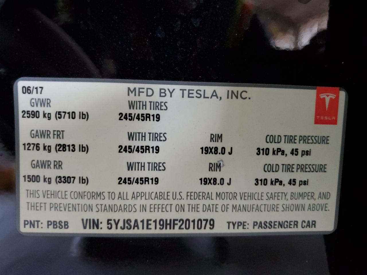 2017 Tesla Model S VIN: 5YJSA1E19HF201079 Lot: 76258434