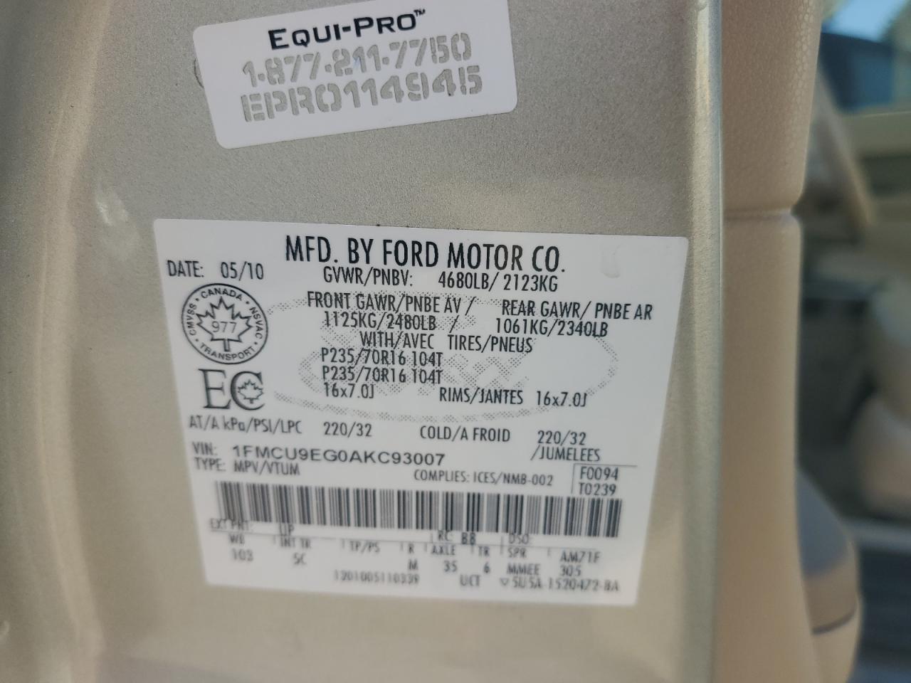 1FMCU9EG0AKC93007 2010 Ford Escape Limited