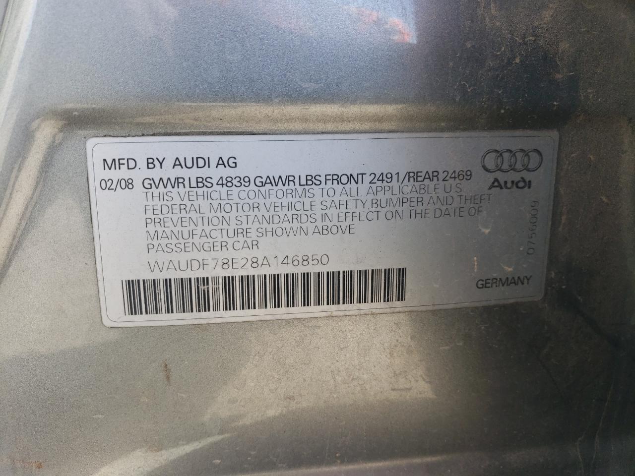 2008 Audi A4 2.0T Quattro VIN: WAUDF78E28A146850 Lot: 75469974