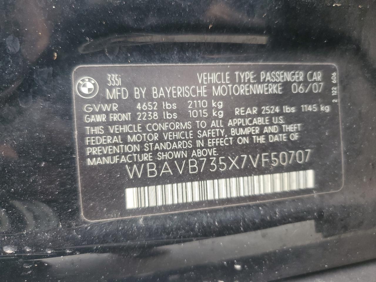 2007 BMW 335 I VIN: WBAVB735X7VF50707 Lot: 74755814
