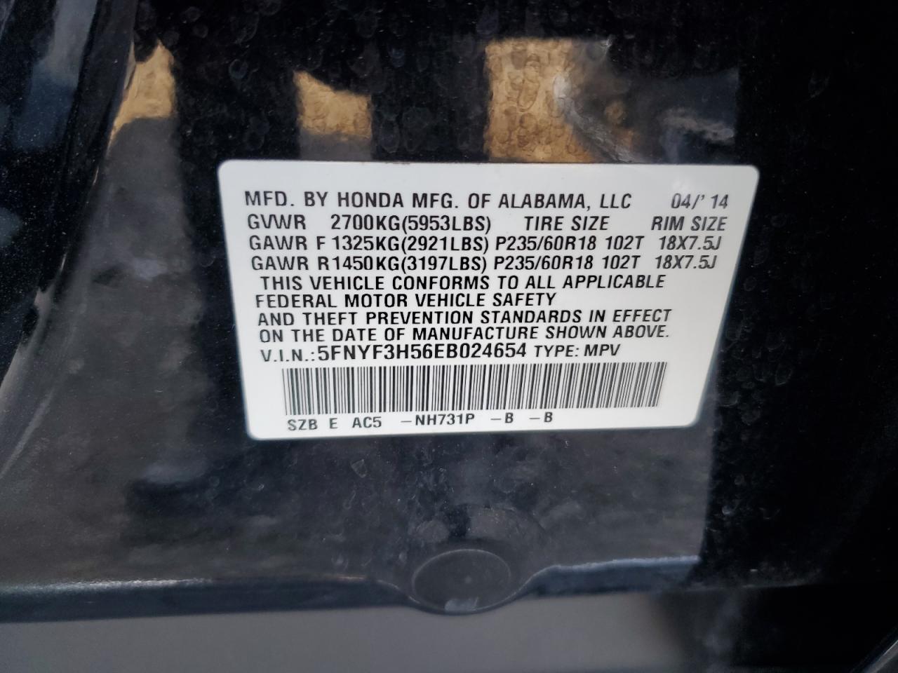 5FNYF3H56EB024654 2014 Honda Pilot Exl