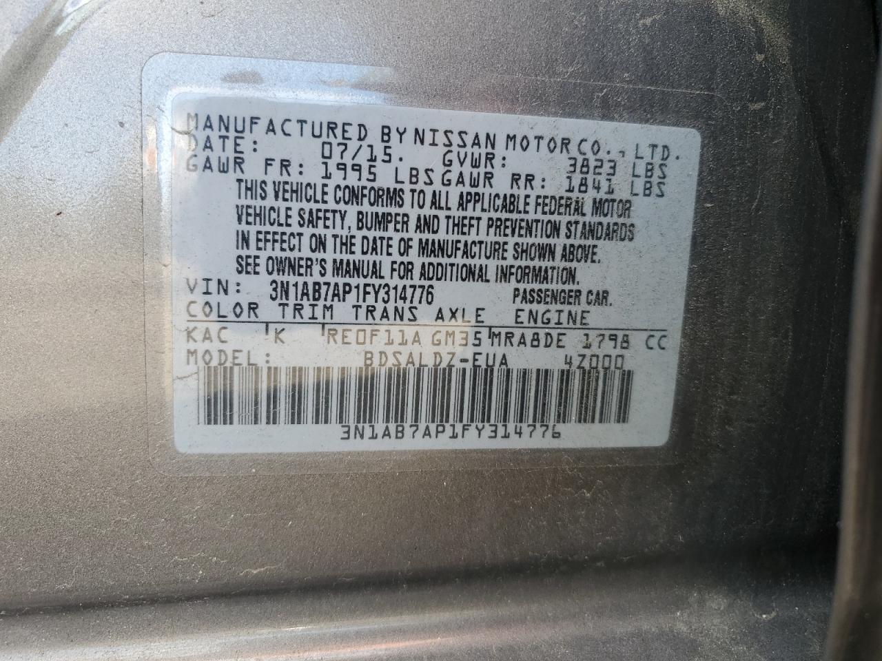 3N1AB7AP1FY314776 2015 Nissan Sentra S