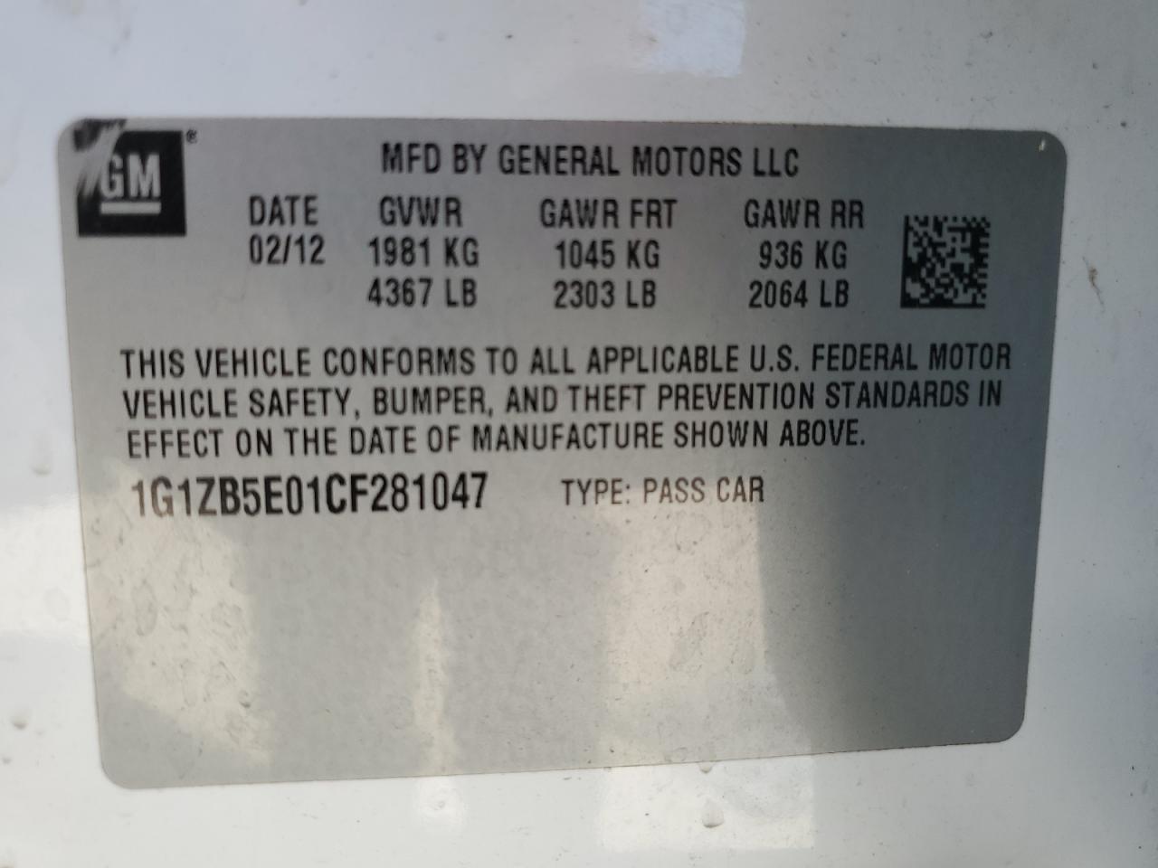 1G1ZB5E01CF281047 2012 Chevrolet Malibu Ls