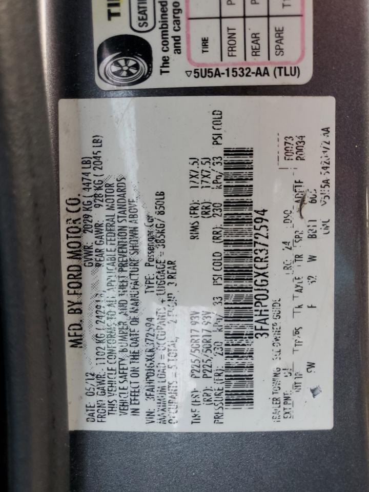 2012 Ford Fusion Sel VIN: 3FAHP0JGXCR372594 Lot: 74328054