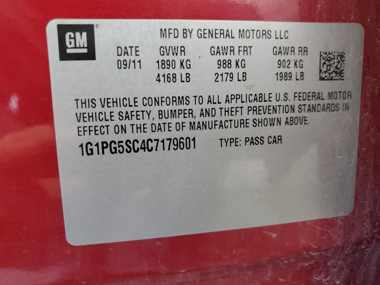 1G1PG5SC4C7179601 2012 Chevrolet Cruze Lt