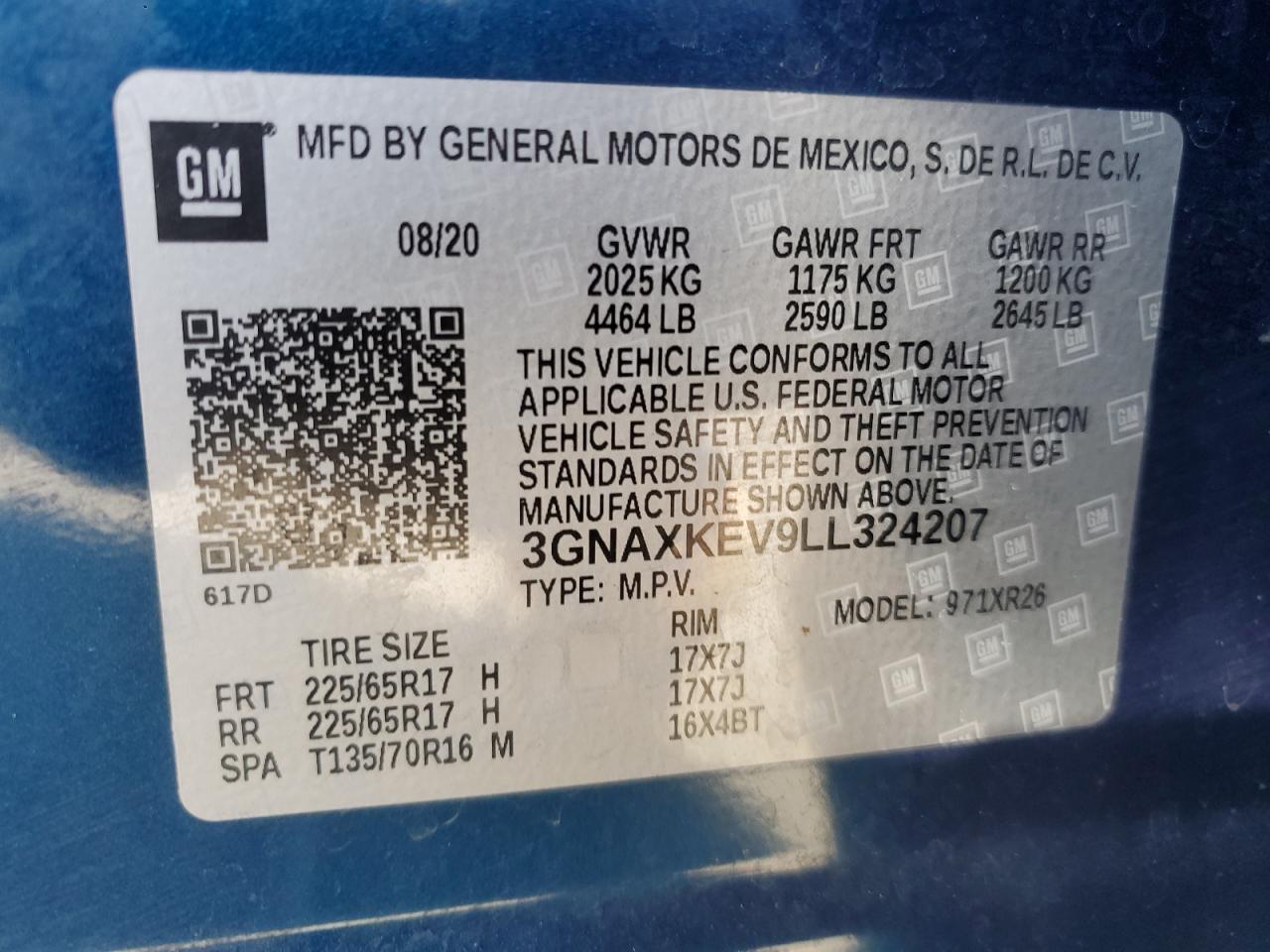 3GNAXKEV9LL324207 2020 Chevrolet Equinox Lt