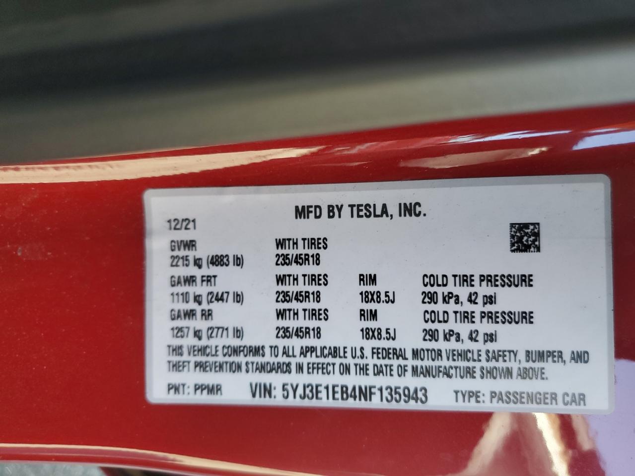 VIN 5YJ3E1EB4NF135943 2022 TESLA MODEL 3 no.12