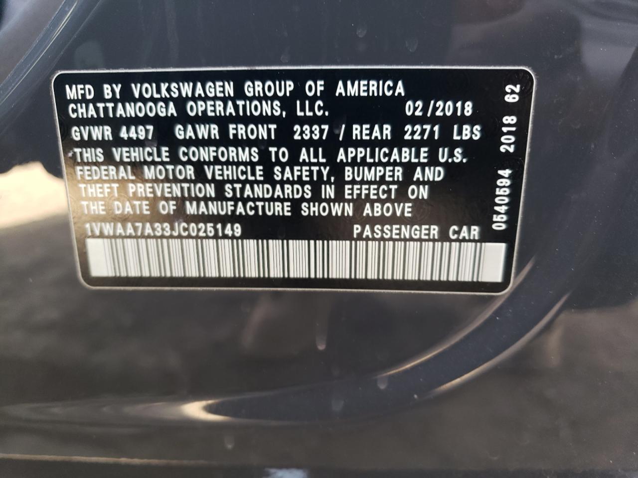 1VWAA7A33JC025149 2018 Volkswagen Passat S