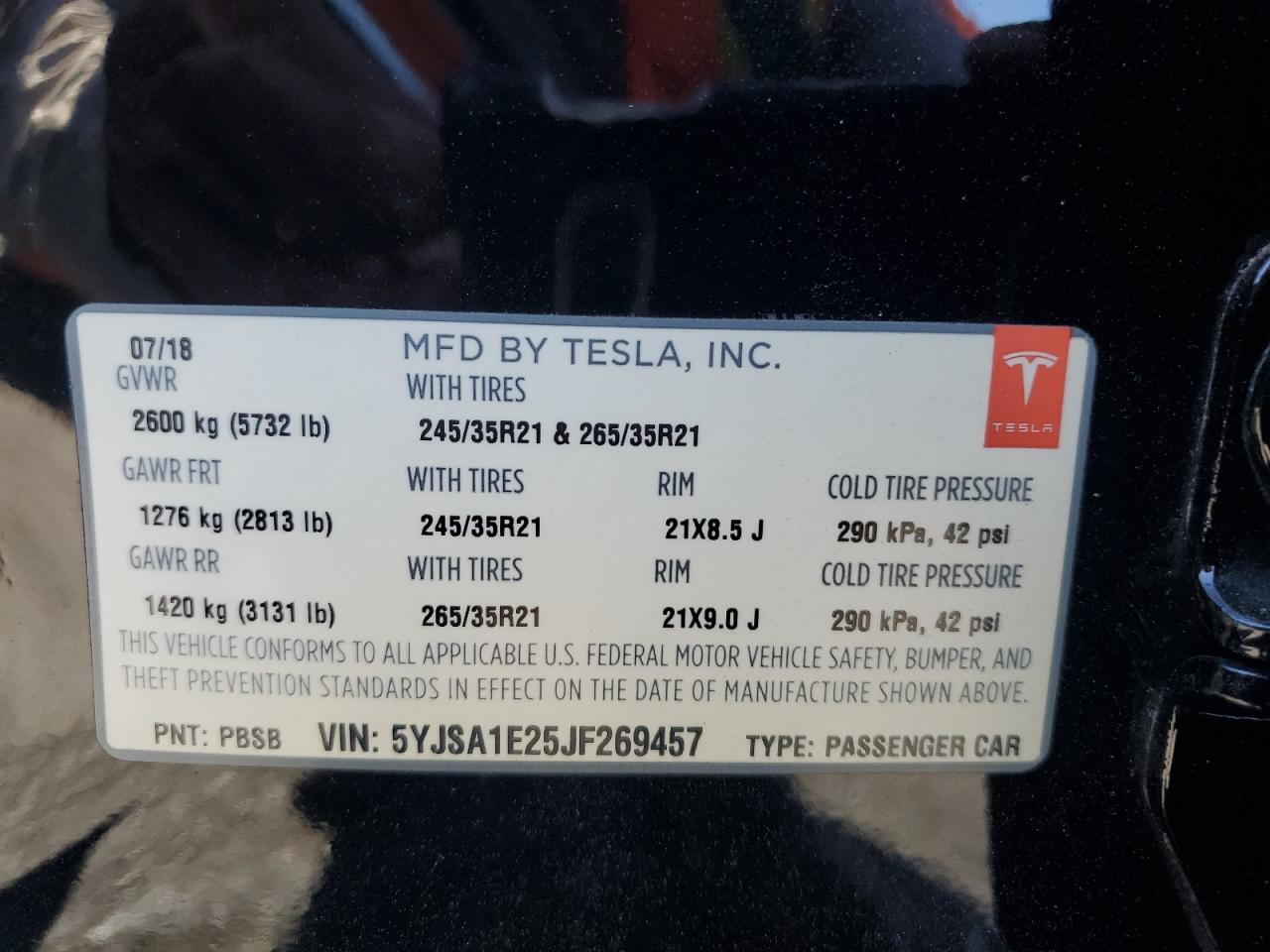 5YJSA1E25JF269457 2018 Tesla Model S