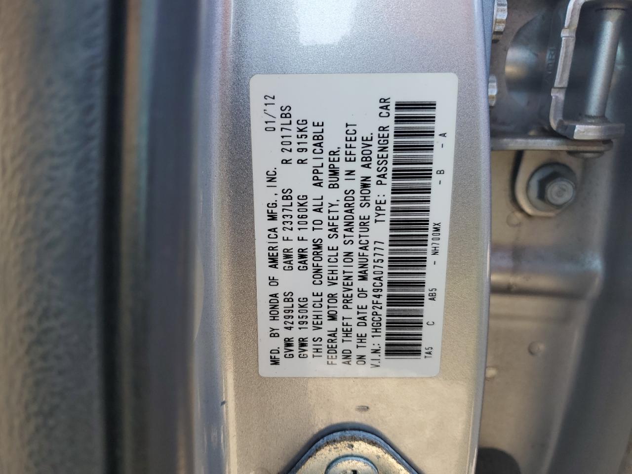 1HGCP2F49CA075777 2012 Honda Accord Lxp