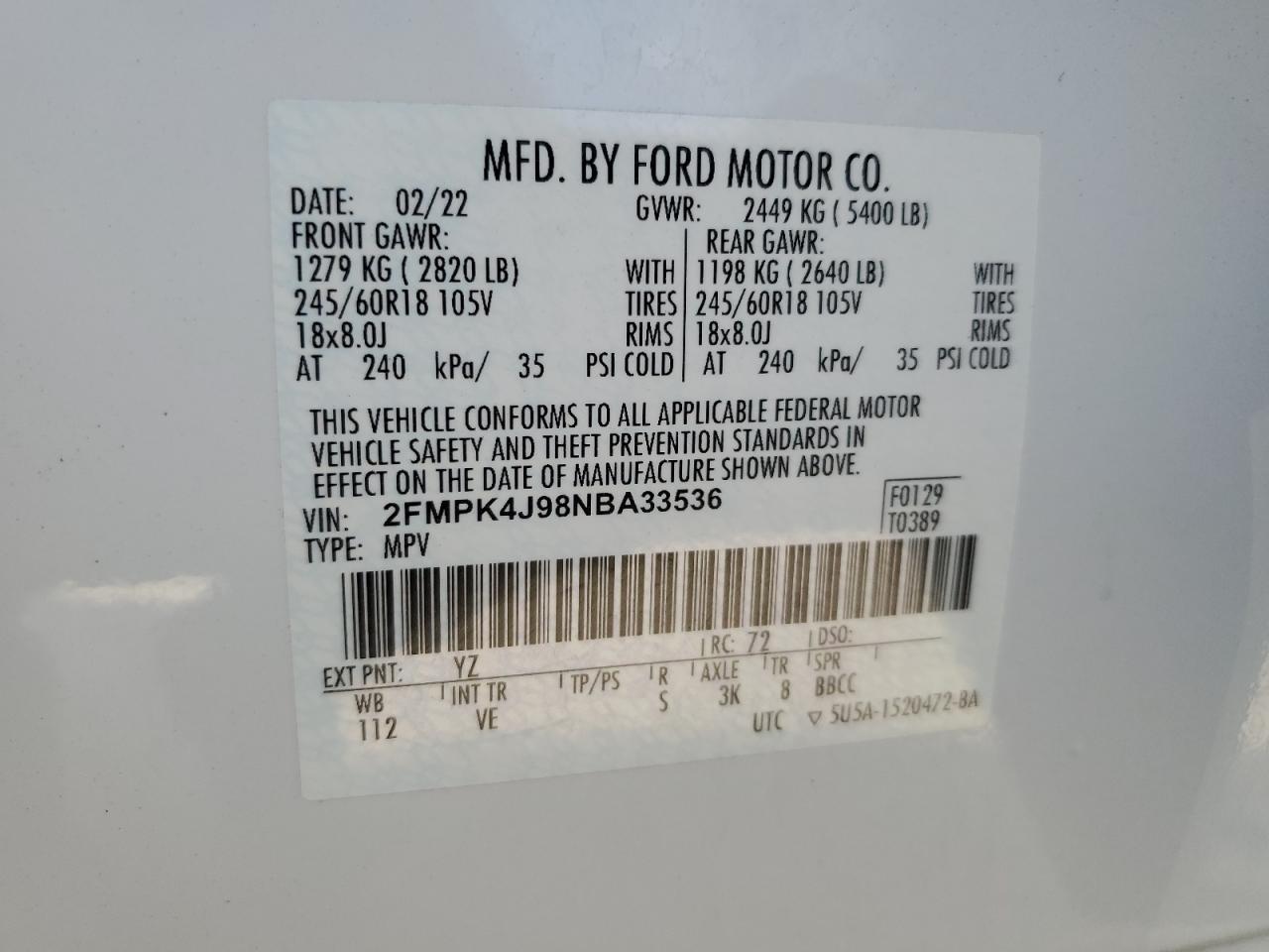 2022 Ford Edge Sel VIN: 2FMPK4J98NBA33536 Lot: 74057374