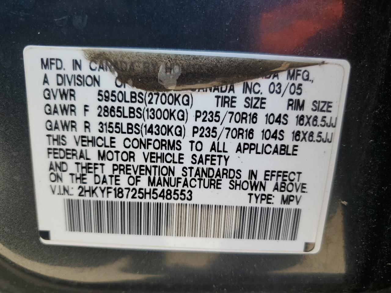 2HKYF18725H548553 2005 Honda Pilot Exl