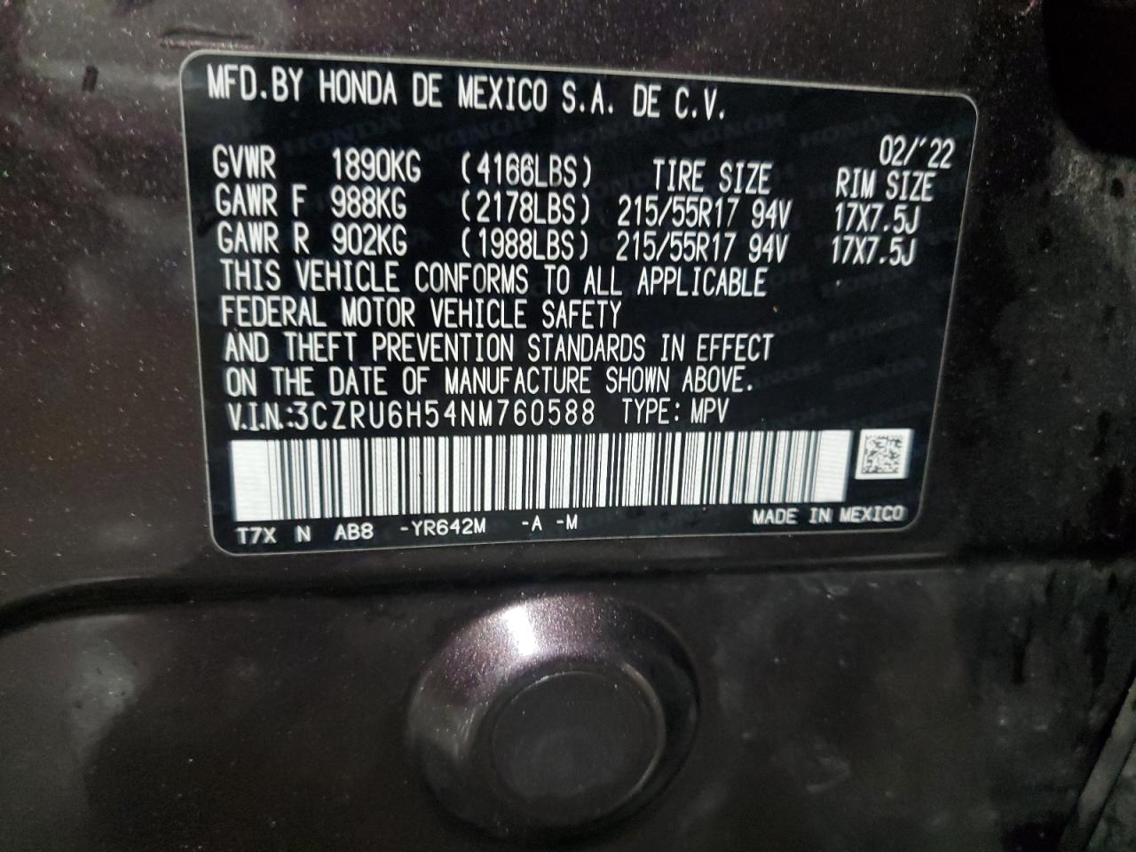 3CZRU6H54NM760588 2022 Honda Hr-V Ex