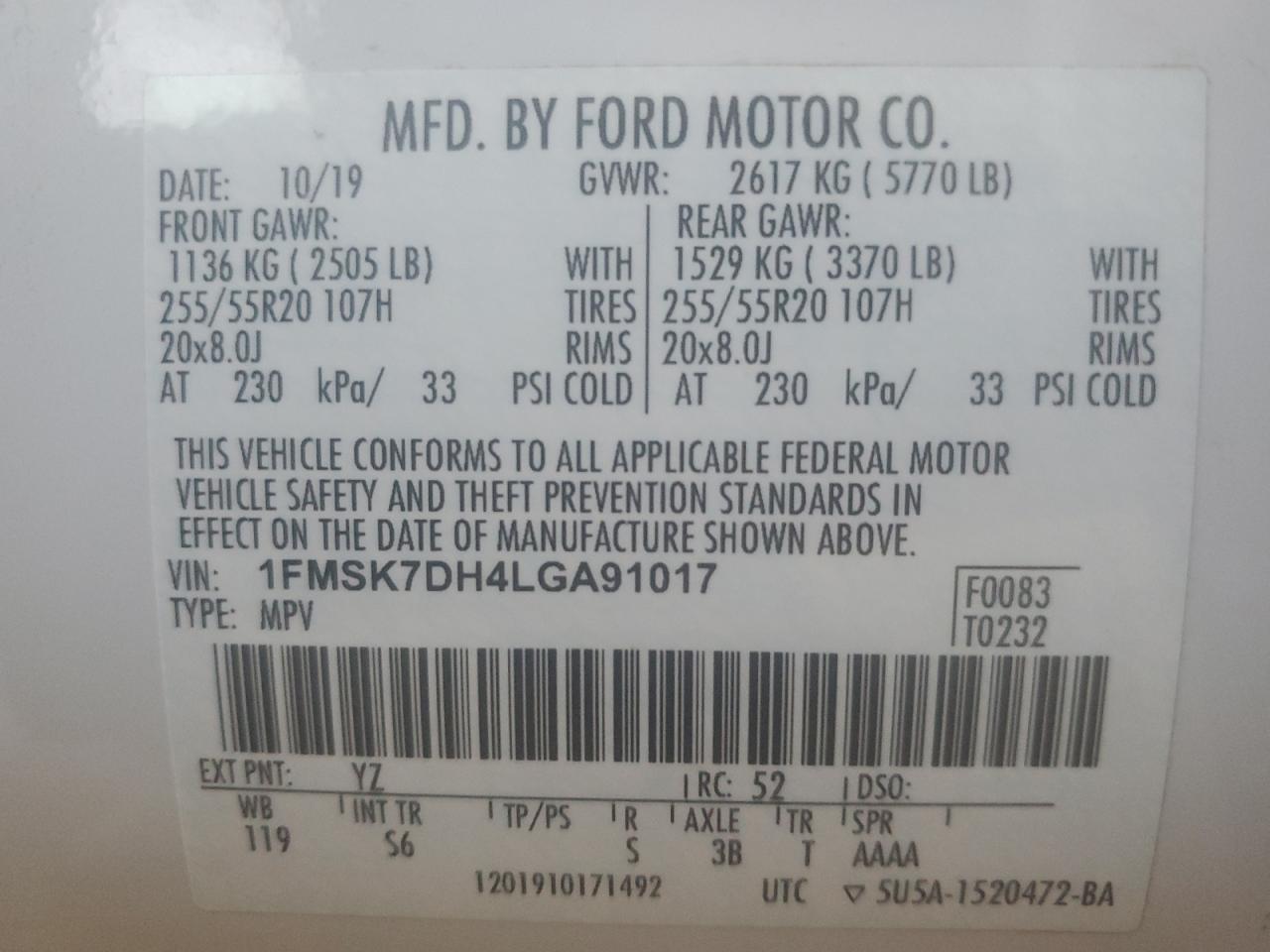 VIN 1FMSK7DH4LGA91017 2020 FORD EXPLORER no.14