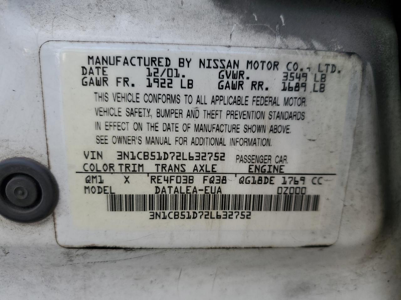 2002 Nissan Sentra Xe VIN: 3N1CB51D72L632752 Lot: 74715364